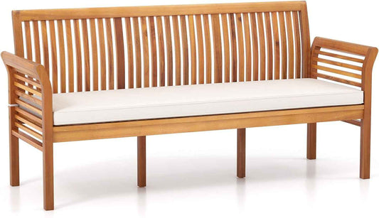 RELAX4LIFE 62.5’’ Outdoor Bench Acacia Wood - 3-Person Patio Bench w/Backrest, Armrests & Removable Seat Cushion, Slatted Wooden Garden Bench for Front Porch Park Backyard, 1200 LBS Weight Capacity