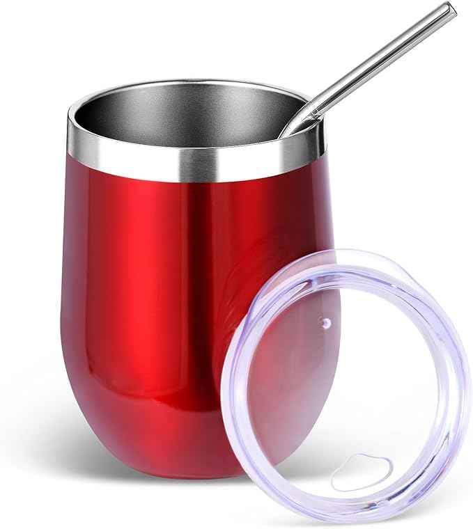 Volhoply 12oz Stainless Steel Wine Tumbler with Lid and Straw,Double Wall Vacuum Insulated Stemless Wine Glasses,Reusable Travel Coffee Mug for Cold Drinks,Small Tumblers Gifts for Her Him（Red,1 Set）