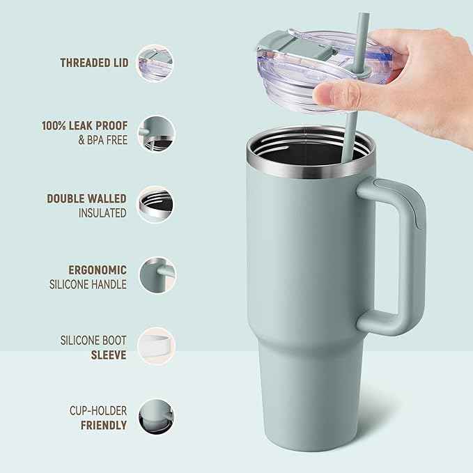 COKTIK 40 oz Tumbler With Handle and Straw, Insulated Tumbler With Leakproof Lids, Stainless Steel|BPA-Free, Cold for 24 H (Shale)