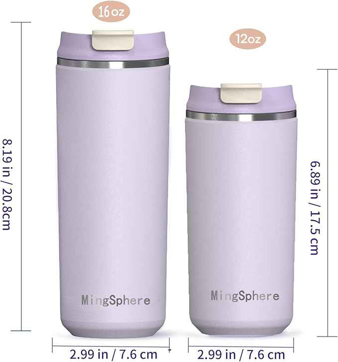 Travel Coffee Mug with Lid, 16 oz Insulated Tumbler, Leak Proof Stainless Steel Cup, for Hot Coffee, Iced Tea & Water, BPA Free, Car Cups Holder Friendly, Lavender Purple