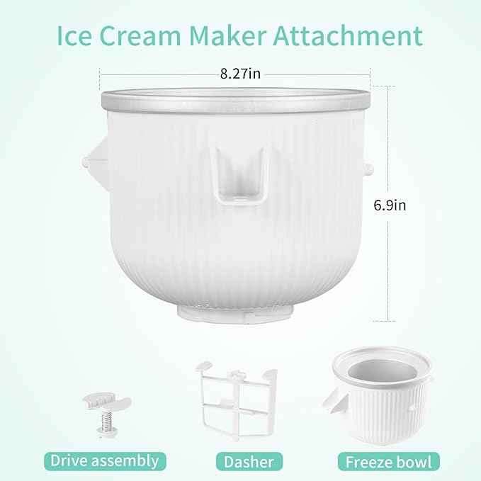 Ice Cream Attachment Compatible with KitchenAid 4.5/5/6/7QT Mixers,Makes 2 Quarts of Ice Cream,Compatible with KitchenAid Ice Cream Maker Attachment,Dishwasher safe(Not Fit 3.5QT Mixers)
