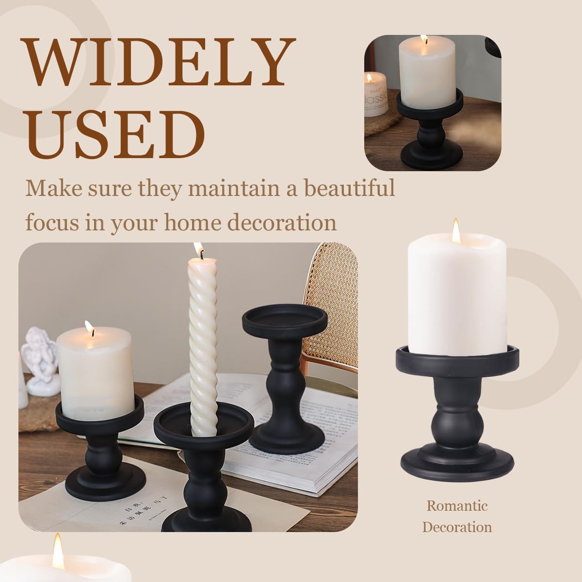 Matte Black Glass Candle Holder Pillar Taper Candle Stand Decorative Candlestick Holder Stand for Home Decor Wedding Dinner Table Centerpieces (Exclude Candles)