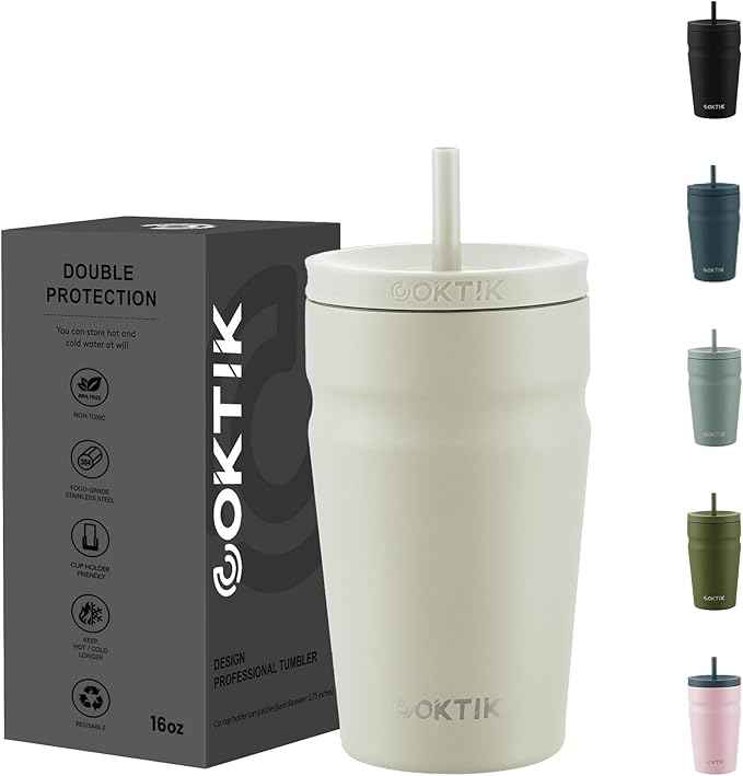 COKTIK 16oz Insulated Tumbler with Lid and Straw Iced Coffee Cup Reusable Stainless Steel Travel Mug Water Bottle Cupholder Friendly for Women Men Her Him (Almond Birch)