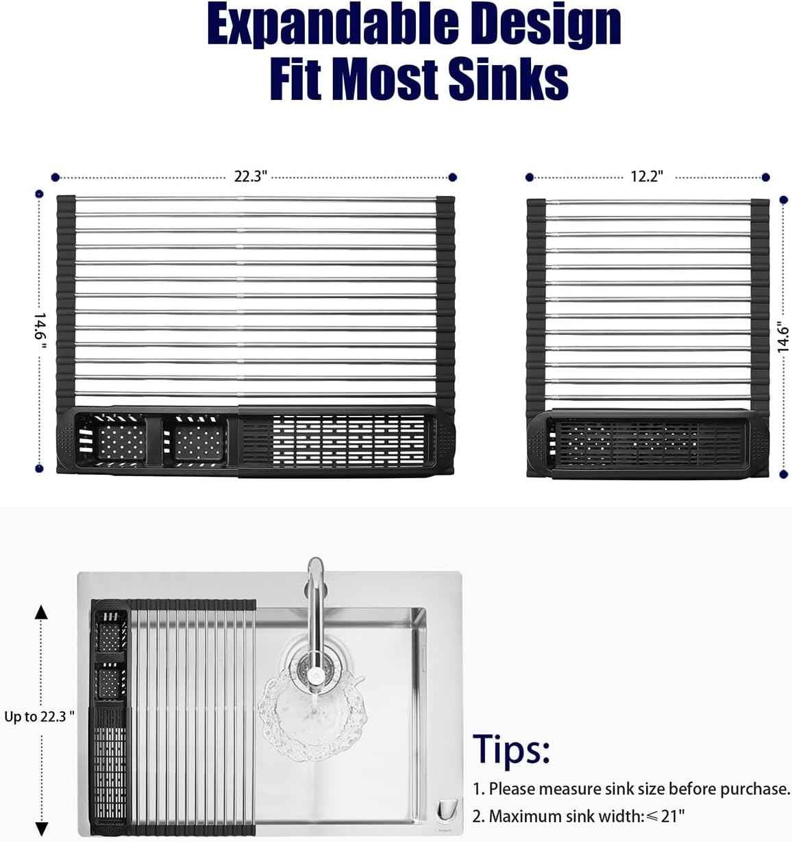 Roll Up Dish Drying Rack,Expandable Over The Sink Dish Drainer,Stainless Steel Kitchen Rolling Sink Rack with Utensil Holder,Length Up to 22.3" (Black)