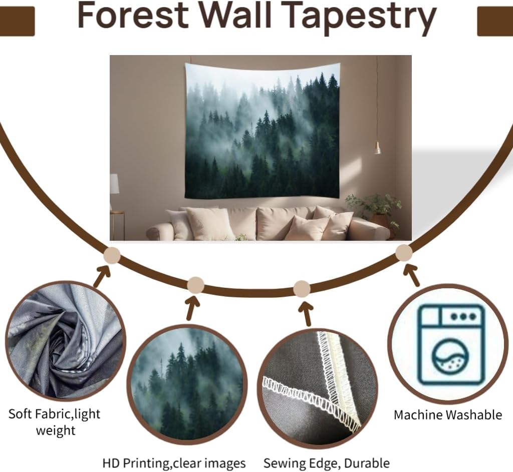 Mimihome Misty Forest Wall Tapestry, Nature Landscape Pine Trees in Fog Wall Hanging for Bedroom Living Room Dorm, 60x50 inch