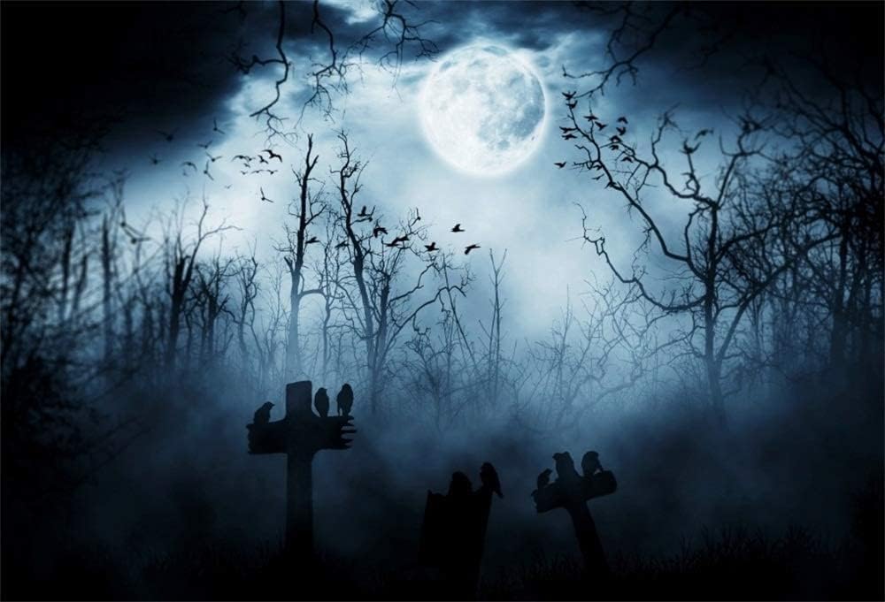 AOFOTO 12x10ft Moon Night Halloween Cemetery Photography Backdrop Flying Bats Birds Stand on Gravestone Cross Graveyard in Dark Forest Photo Background Cloth Vinyl Wallpaper Photo Studio Props