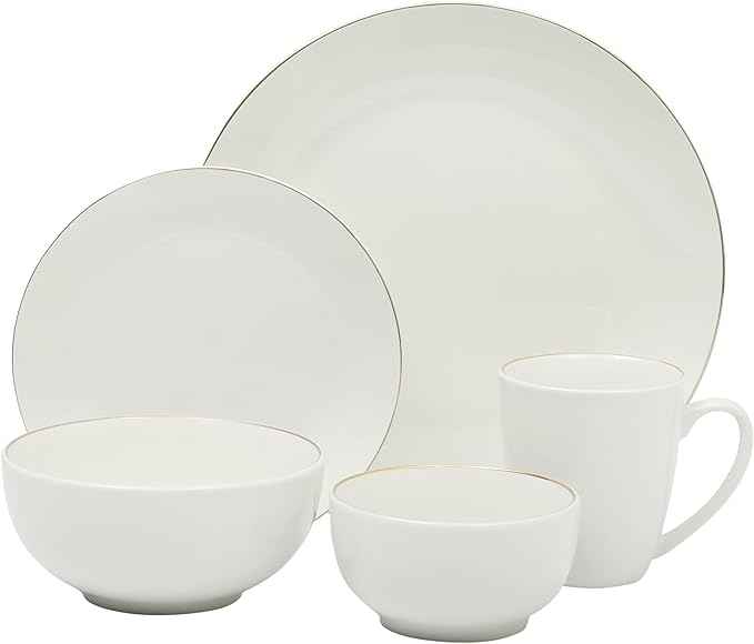 Gibson Home Ogalla 30 Piece Plates, Bowls, & Mugs Dinnerware Set - Service for 6 - White Porcelain W/Gold Band