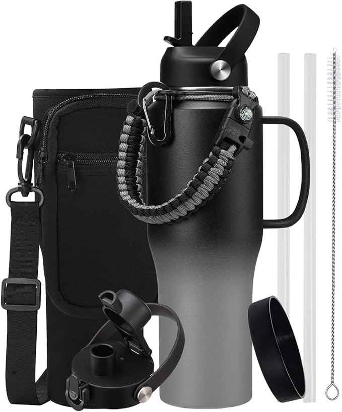 Insulated Water Bottle 32 oz Tumbler with Handle and Straw - Stainless Steel Water Bottle that Fits in Cup holder, Keep Cold 48h & Hot 24h, Double Wall Thermo Flask Coffee Tumbler Travel Mug