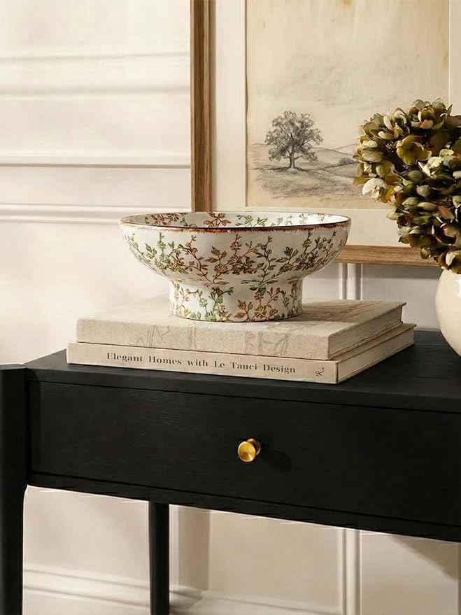 LE TAUCI 10" Ceramic Decorative Bowl, Key Bowl for Entryway, Handcrafted Sturdy Pedestal Bowl, French Country Fruit Bowl for Kitchen Counter, Centerpiece, Vine Green