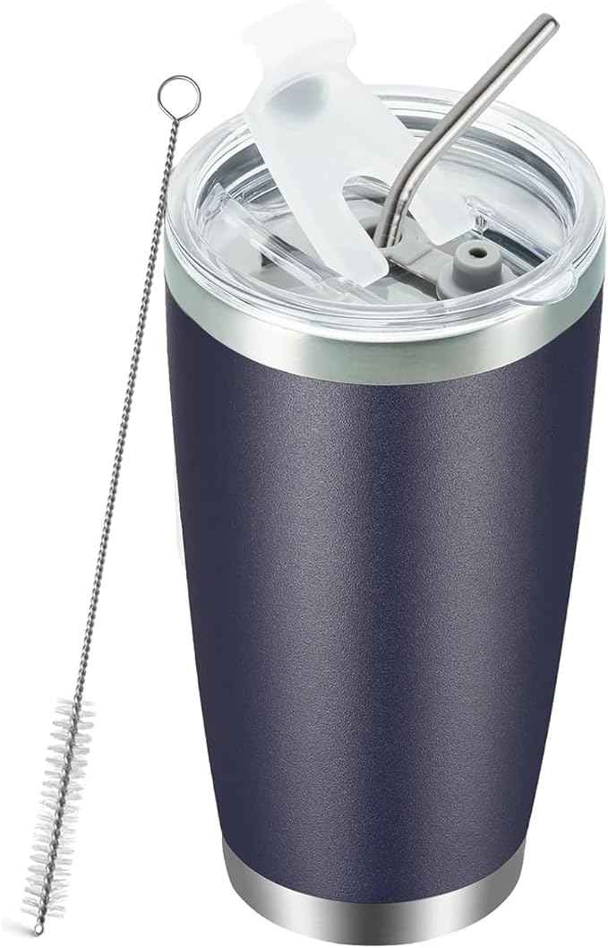 20oz Tumbler with Lid, Stainless Steel Vacuum Insulated Double Wall Travel Mug, Coffee Mug, with Straws and Straws Brush Reusable Coffee Cup (Navy Blue)