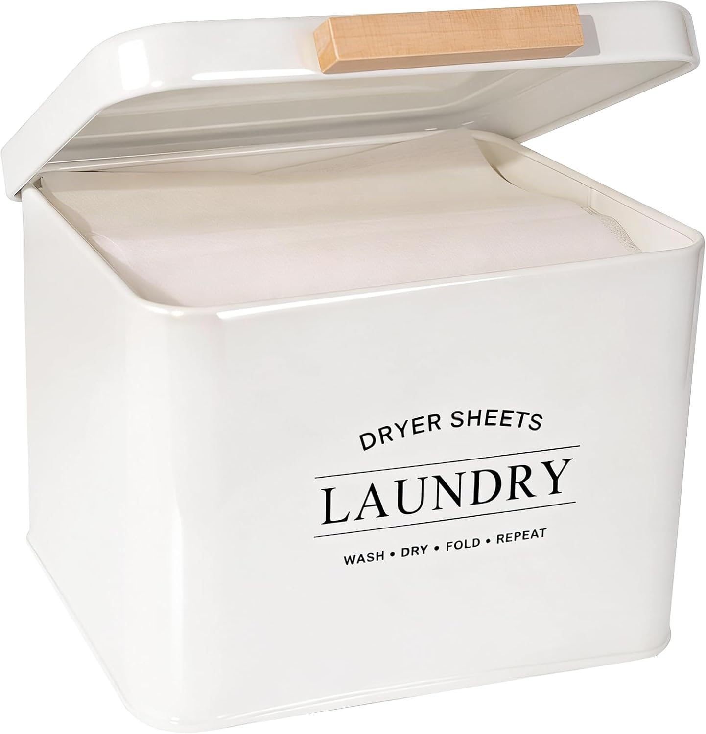 Dryer Sheet Holder with Hinged Lid for Laundry Room Organization, Metal Farmhouse Dryer Sheet Container, Laundry Room Decor and Accessories (Cream)