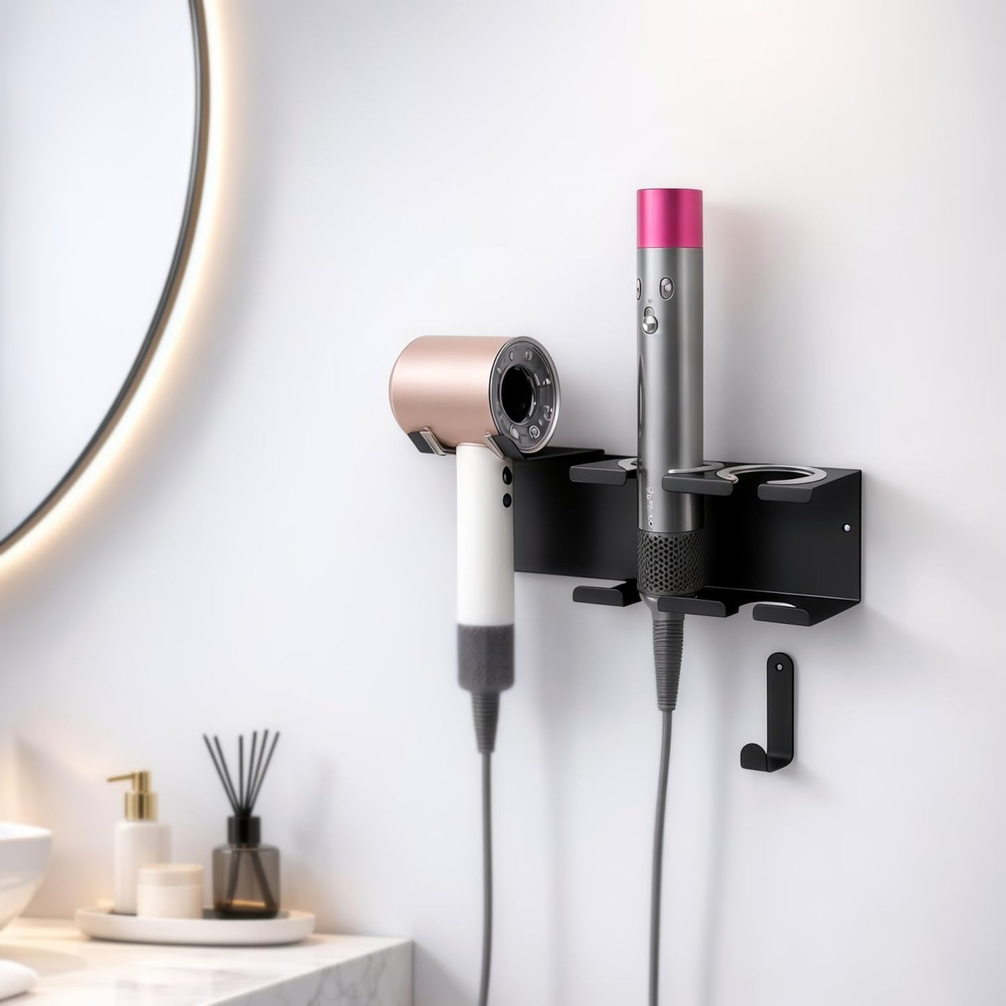 Hair Tool Organizer Wall Mount, Stainless Steel Curling Iron Holder Wall Mount, Hair Dryer and Straightener Holder 3-in-1 Storage for Bathroom Vanity Salon Black PTALSEAW