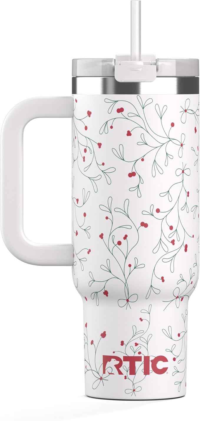 RTIC 30 oz Road Trip Tumbler Double-Walled Ceramic Lined InsulatedStainless Steel Portable Travel Coffee Mug Cup with Lid, Handle and Straw, Mistletoe