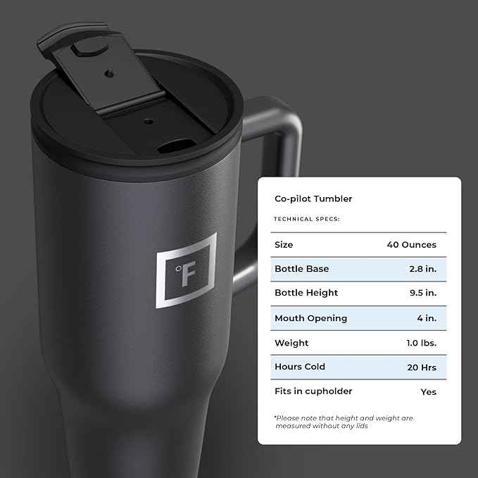 IRON °FLASK Co-Pilot Insulated Mug w/Straw & Flip Cap Lids - Cup Holder Bottle for Hot, Cold Drink - Leak-Proof - Water, Coffee Portable Travel Mug - Midnight Black, 40 Oz