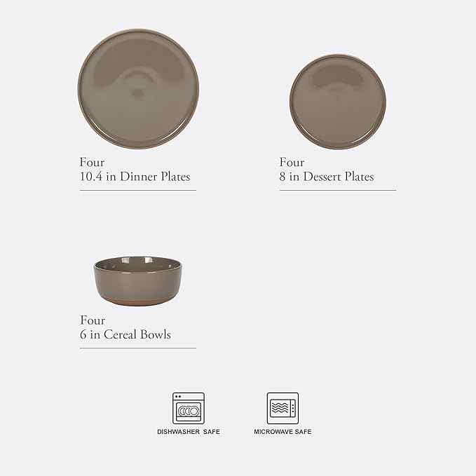 Gibson Elite Northrock Stoneware Dinnerware Set, 12-Piece Service for 4 Plates and Bowls Set – Gray Dishes with Hand-Painted Terracotta Base