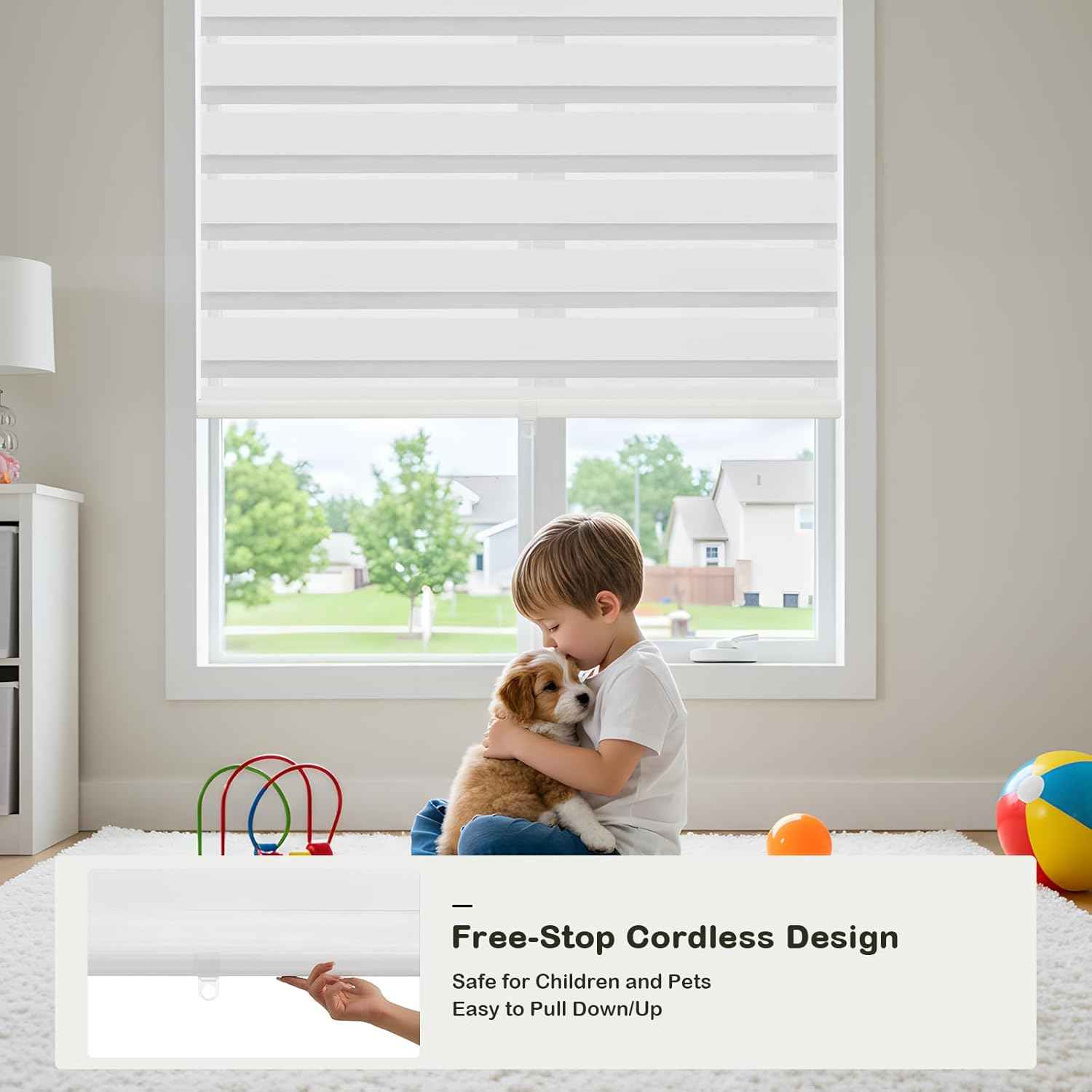 Cordless Zebra Blinds for Windows,Free-Stop Roller Zebra Shades,Light Filtering Blinds for Indoor windows with Upgraded Cassette,Pull Down Privacy Window Shades for Home (35" W x 72" H, White)