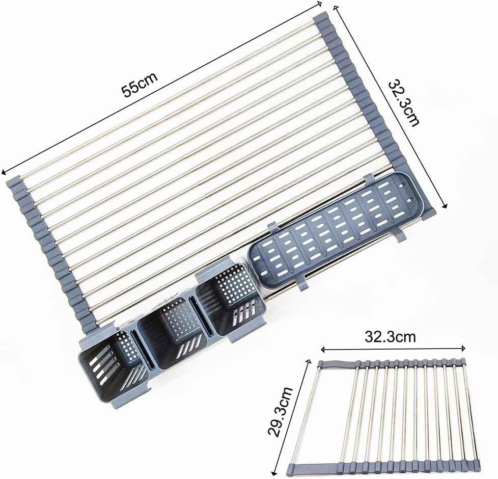 Gabrielline Extra Large Roll Up Dish Drying Rack for Kitchen Sink - 21.6” x 12.7” Stainless Steel Over The Sink Mat with Utensil Caddy & Drip Tray - Heavy Duty Space Saving 5-PC Set