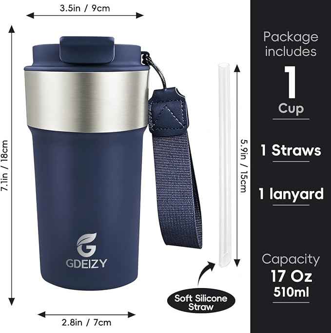 Insulated Coffee Mug, 17oz Stainless Steel Travel Mug with Flip-Top Straw Lid, Leak Proof Vacuum Insulated Tumbler, Reusable Coffee Cup for Hot & Cold Drinks, Dark Blue