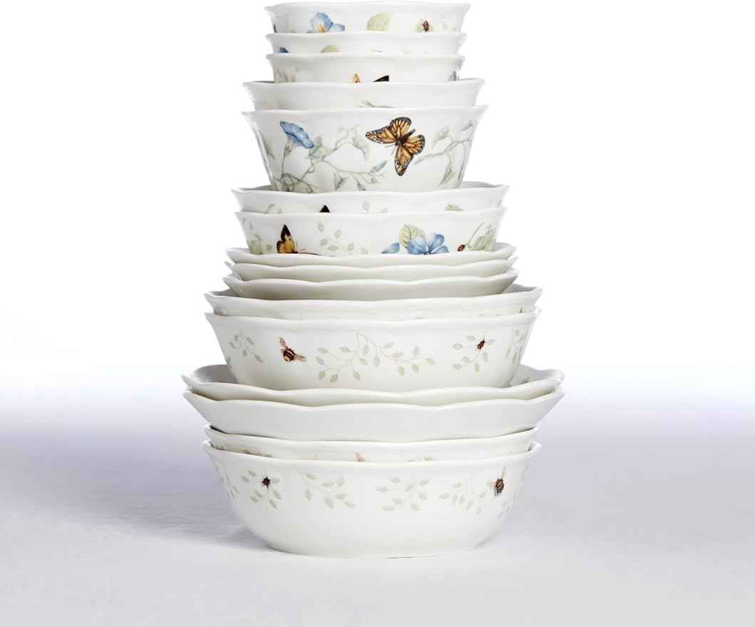 Lenox Pasta Bowls, 20oz Butterfly Meadow Pasta Bowl Set of 4, Service For 4, Porcelain, White Serving Bowls, Wide, Shallow, Lenox Butterfly Meadow Collection, Dishwasher/Microwave Safe (White 4-Piece)