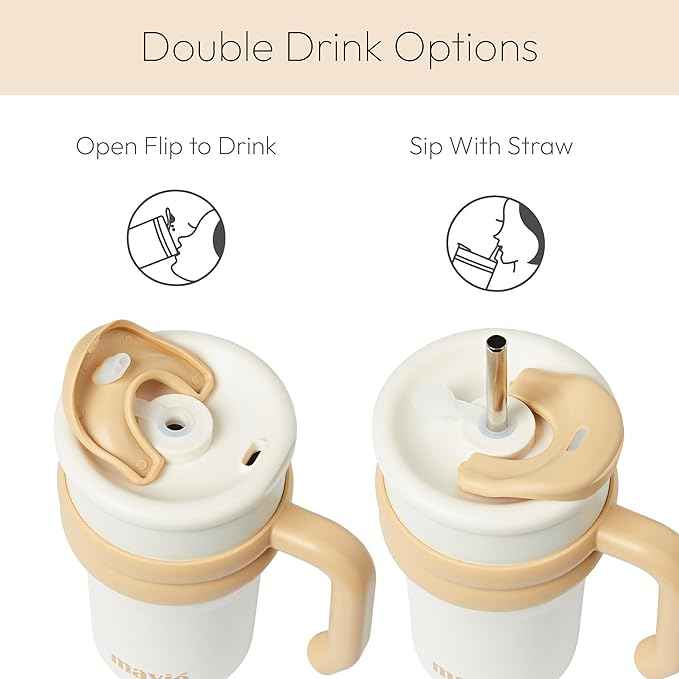 17oz Tumbler With Handle & Metal Straw + Silicone Cover & Sip Spout, Double Insulated Stainless Steel Water Bottle With Rubber Base, Leakproof, Cup Holder Friendly Travel Coffee Mug (Beige)