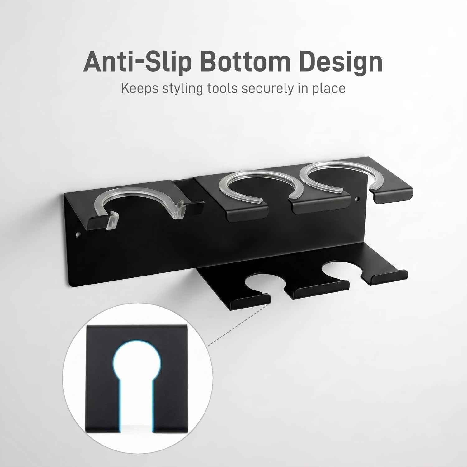 Hair Tool Organizer Wall Mount, Stainless Steel Curling Iron Holder Wall Mount, Hair Dryer and Straightener Holder 3-in-1 Storage for Bathroom Vanity Salon Black PTALSEAW