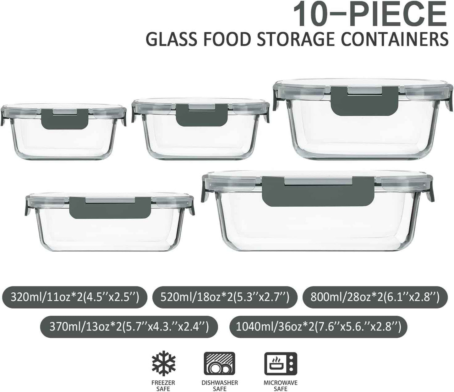 M MCIRCO 10-Pack Glass Food Storage Container with Lids, Airtight Lunch Bento Boxes, Glass Meal Prep Container,Microwave, Oven, Freezer and Dishwasher Friendly