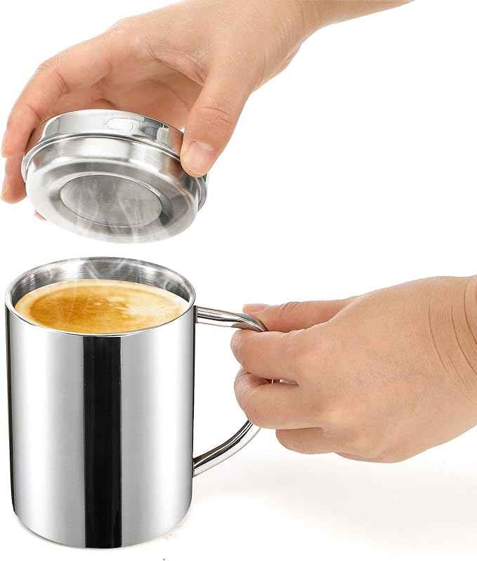 Yesland 2 Pack 13.5 oz (400ml) Stainless Steel Double-Walled Metal Mugs - Perfect Size for Coffee & Tea, Insulated Cup with Lid and Handle, Thermal Camping Mugs for Hot and Cold Drinks