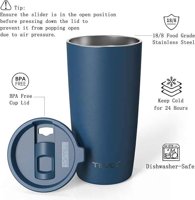 TILUCK 20 oz Insulated Tumbler with BPA-Free Lid, Stainless Steel Vacuum Travel Coffee Mug, Double Wall Coffee Tumbler（20oz，Matte DarkBlue）