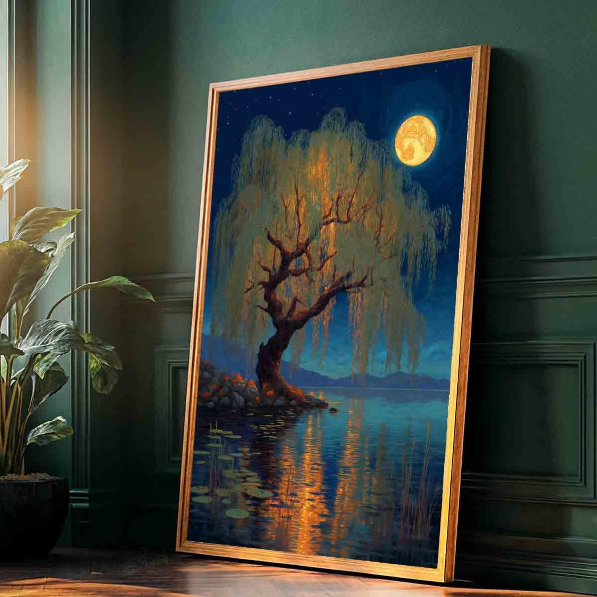 Vlolvfe Night Scenery Wall Art Country Nature Full Moon Poster Abstract Scenery Wall Art Nature Themed Tree Pictures Night Sky Picture Landscape Pictures Living Room Decor 16x24inch No Frame