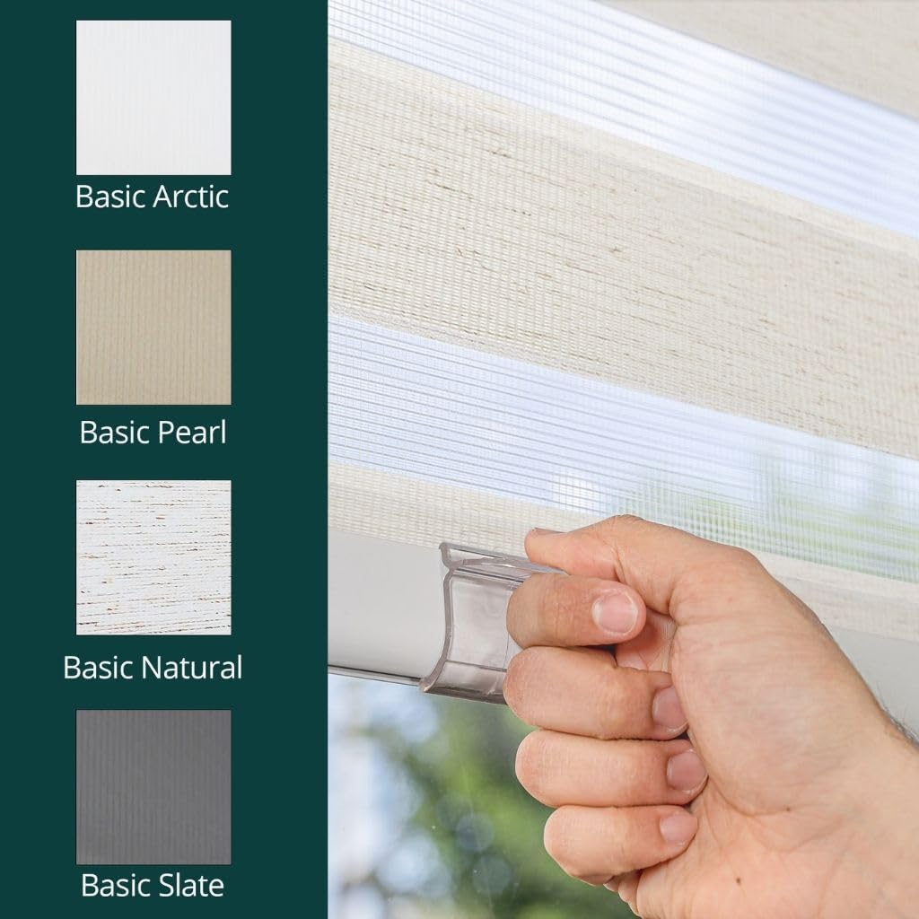 CHICOLOGY Zebra Blinds Cordless Window Shades, Dual Layer Light Filtering Roller Shades for Windows, Sheer Privacy Striped Fabric, Easy Install, 71" W x 72" H, Basic Natural