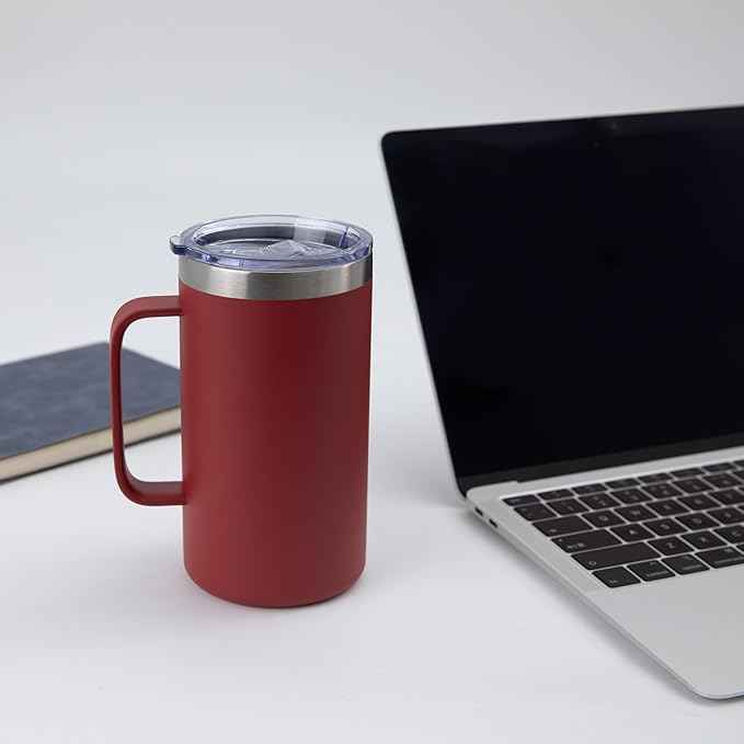 DOMICARE 24oz Mug with Handle and Lid, Stainless Steel Coffee Mug, Travel Mug with Handle, Double Wall Vacuum Coffee Tumbler, Reusable Insulated Cup, Dark Red, Pack 8