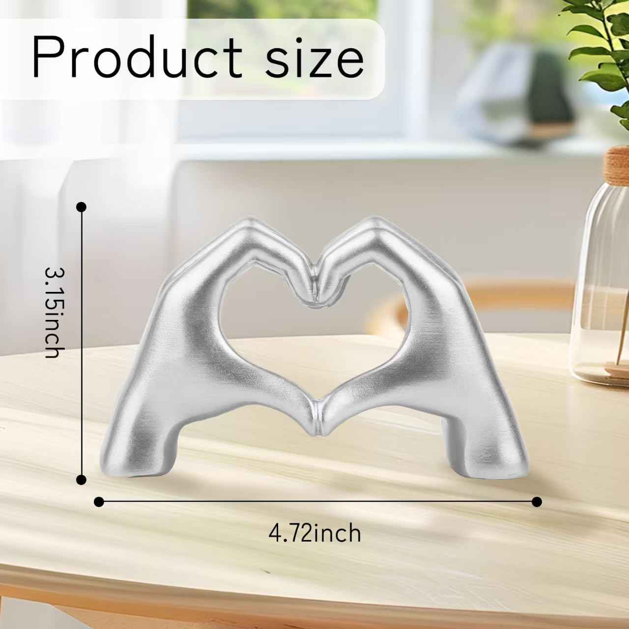 Small Silver Decor,Resin Heart Hands Sculpture for Living Room Bedroom Bookshelf Shelves Office Desk Decor,Love Finger Modern Statue for Wedding Decorations,Unique Birthday for Women Girls.