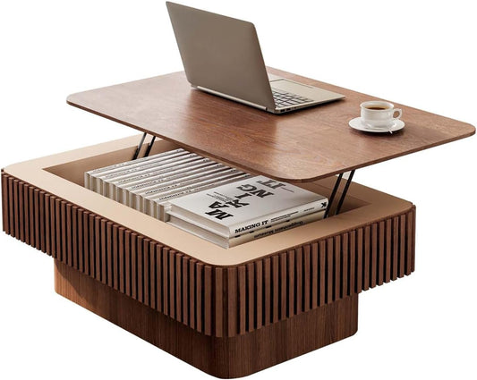 Lift Coffee Table with Storage & Adjustable Height, Solid Wood Coffee Table Fluted Center Table Accent Tea Table or Living Room, Apartment, Office (38.6" Walnut)