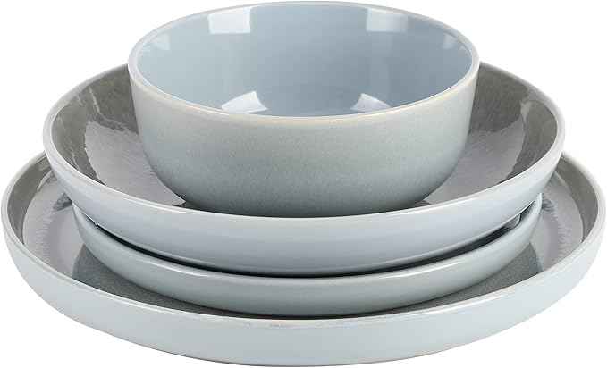 Gibson Elite Juno Moon 16-Piece Reactive Blue Double Bowl Dinnerware Set – Durable Stoneware Plates and Bowls
