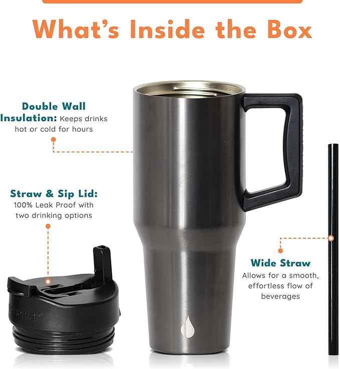 Elemental 32 oz 100% Leak Proof Tumbler with Handle & Straw - Stainless Steel Double Wall Insulated Tumbler for Hot and Cold Beverages - Travel Coffee Mug with Sip & Straw Lid - Gunmetal