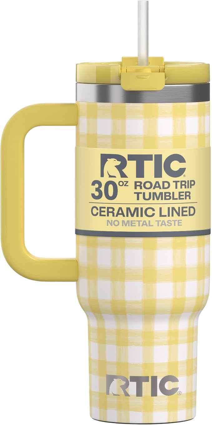 RTIC 30 oz Road Trip Tumbler Double-Walled Ceramic Lined InsulatedStainless Steel Portable Travel Coffee Mug Cup with Lid, Handle and Straw, Sunlight Gingham
