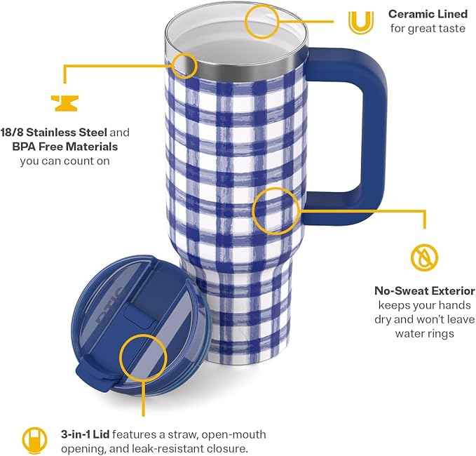RTIC 30 oz Road Trip Tumbler Double-Walled Ceramic Lined InsulatedStainless Steel Portable Travel Coffee Mug Cup with Lid, Handle and Straw, Cobalt Gingham