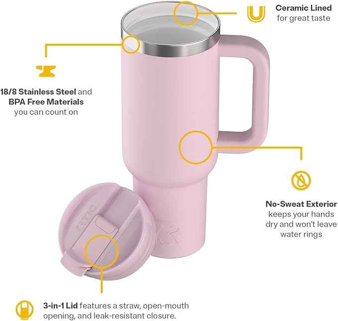 RTIC 40 oz Road Trip Tumbler Double-Walled Cermaic Lined Insulated Stainless Steel Portable Travel Coffee Mug Cup with Lid, Handle and Straw, Pale Pink