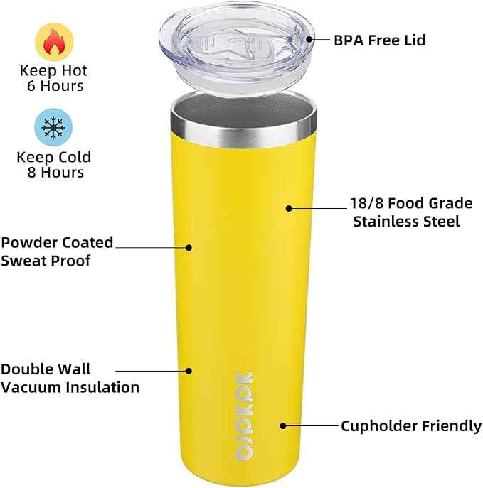 BJPKPK 20 oz Skinny Tumbler with Lid 2 Pack Slim Insulated Travel Coffee Cup Stainless Steel Thermal Mug,Purple,Goldenrod