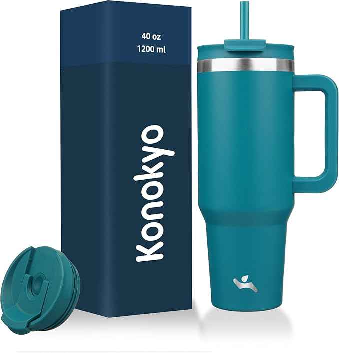 Konokyo 40 oz Tumbler with Handle and 2 Straws,2 in 1 Lid Insulated Water Bottle Stainless Steel Travel Coffee Mug,Blue