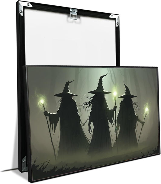JFHCQJPK Vintage 3 witches canvas wall decor melancholy dark Halloween poster wall decor holding a staff print Gothic horror Halloween painting print for living room bedroom8x12in Metal blackFramed