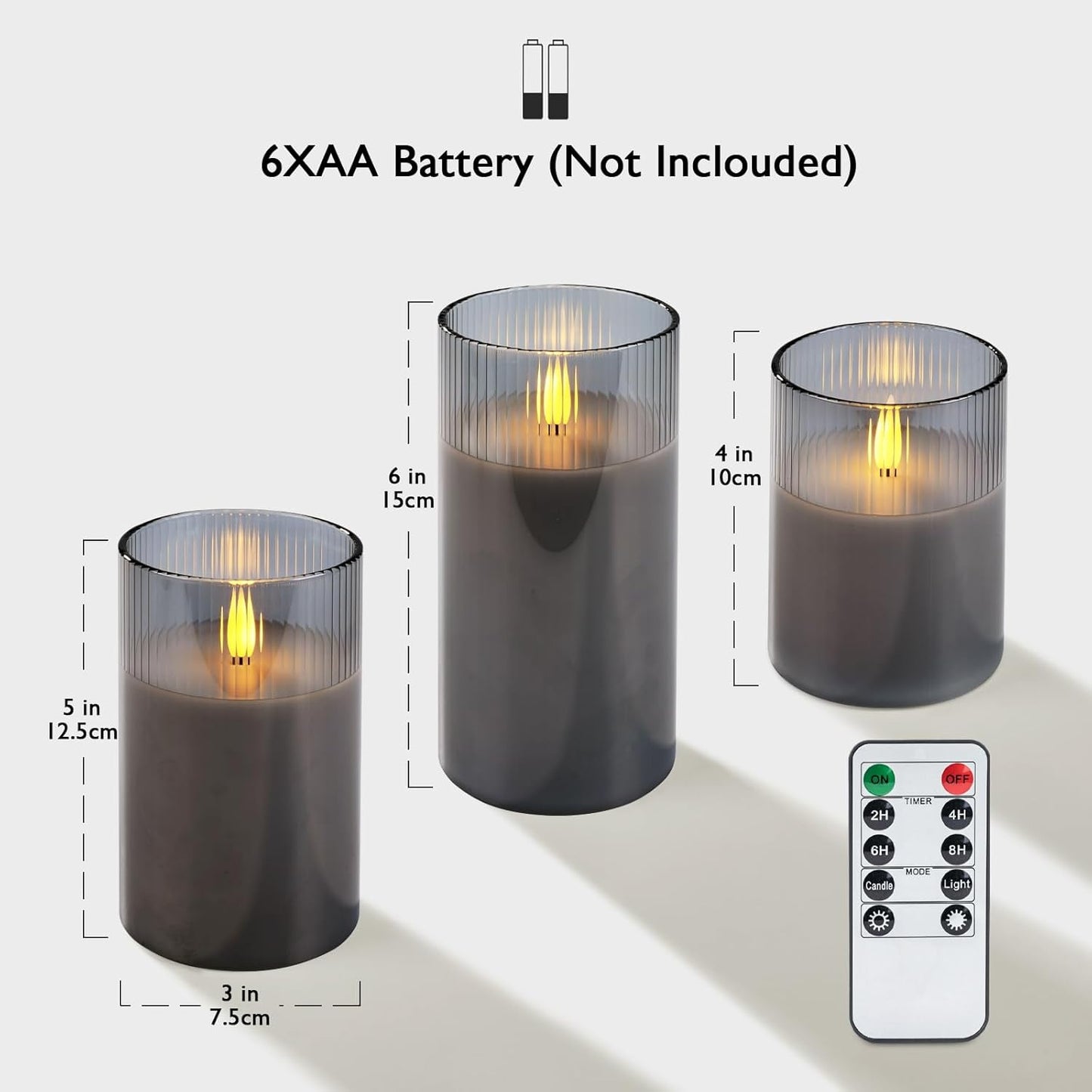 Amagic Grey Flameless Candles with Remote, Battery Operated Candles with Timer, Ribbed Glass LED Pillar Candles with Flickering Flame for Spooky Halloween Party Decor, Real Wax, Set of 3