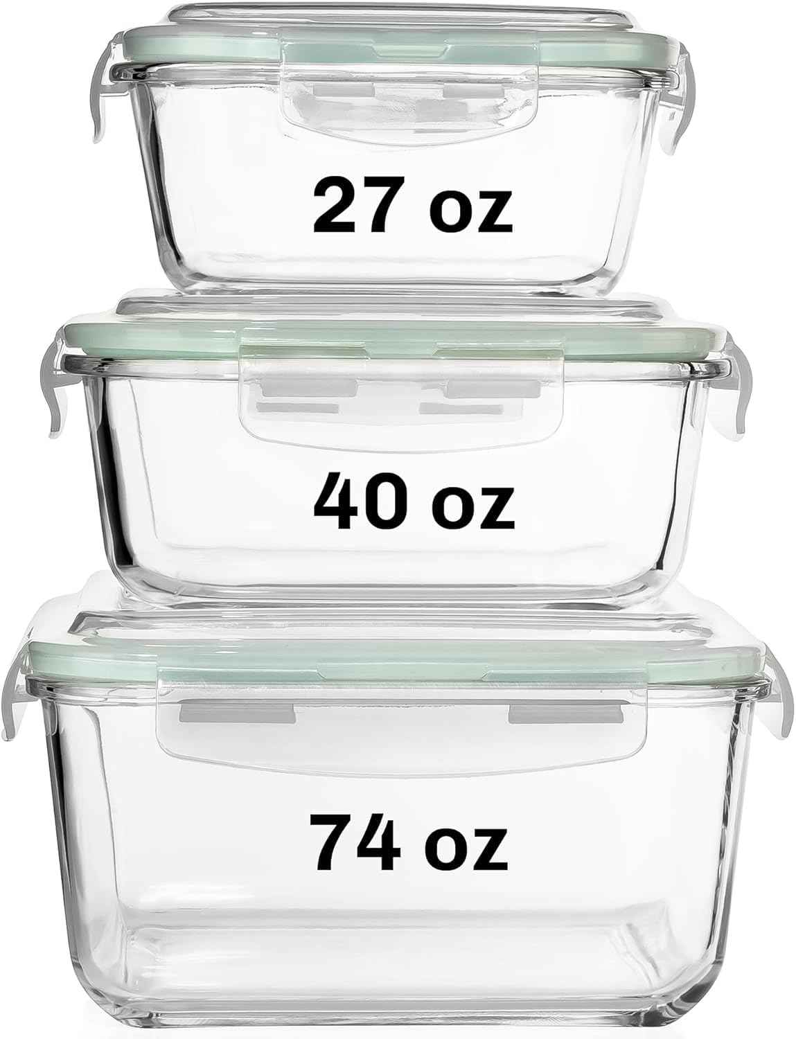 Razab 6 PC Square Glass Food Storage Containers with Airtight lids (74, 40 & 18 oz) Kitchen Glass Meal Prep Containers Set for Freezer Reusable Leftover Lunch Boxes, Oven, Microwave, Dishwasher Safe