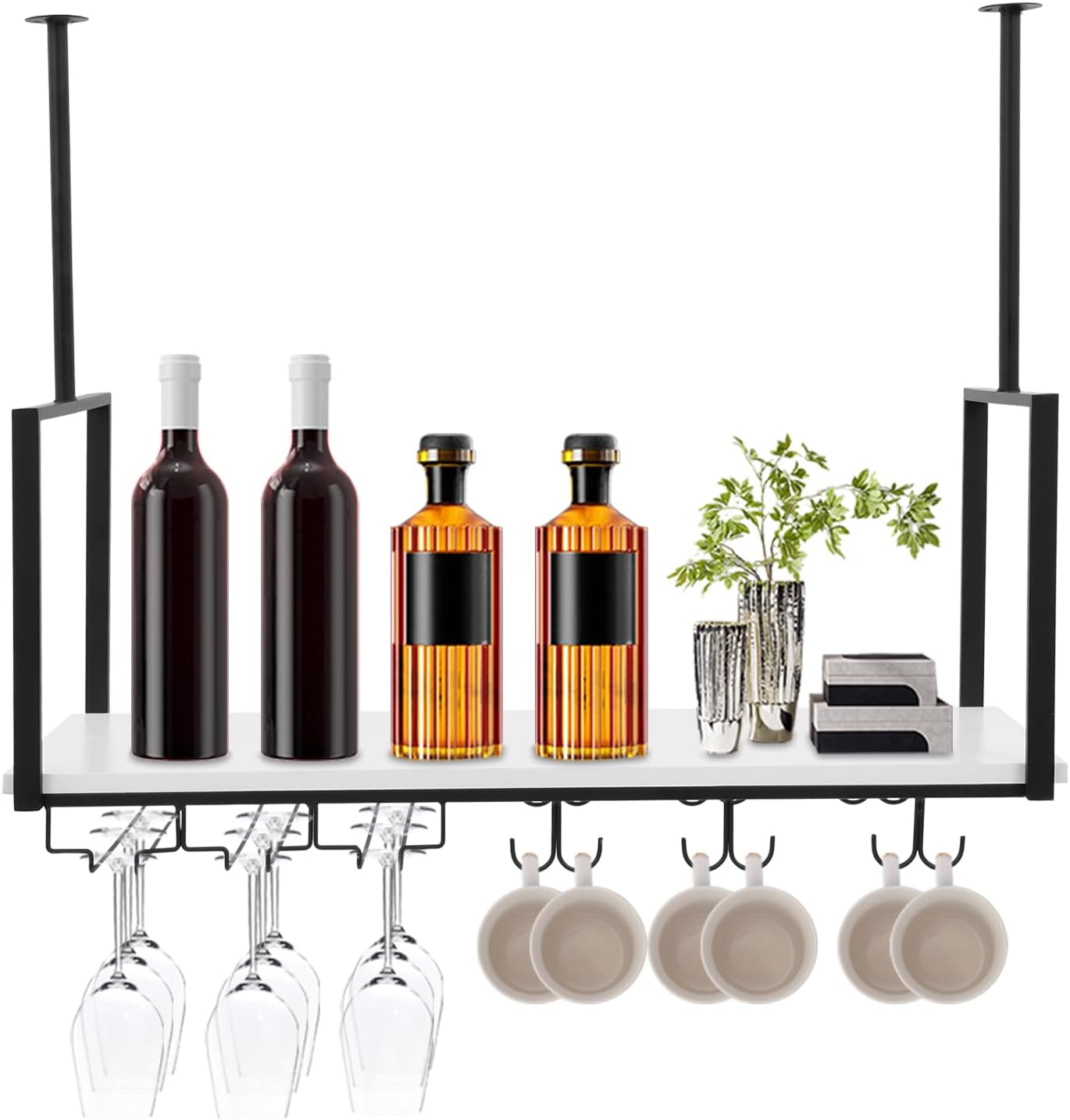 Hanging Wine Rack with Glass Holder and Shelf Metal Ceiling Bar Wine Glass Rack Industrial Wall Mounted Floating Shelve Perfect for Bar Cafe Kitchen Restaurant
