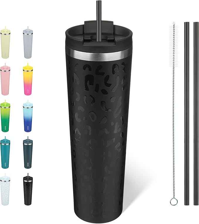 BJPKPK 34oz Insulated Tumbler With lid And Straw Stainless Steel Tumblers Travel Coffee Mug Reusable Thermal Cup,Black Leopard