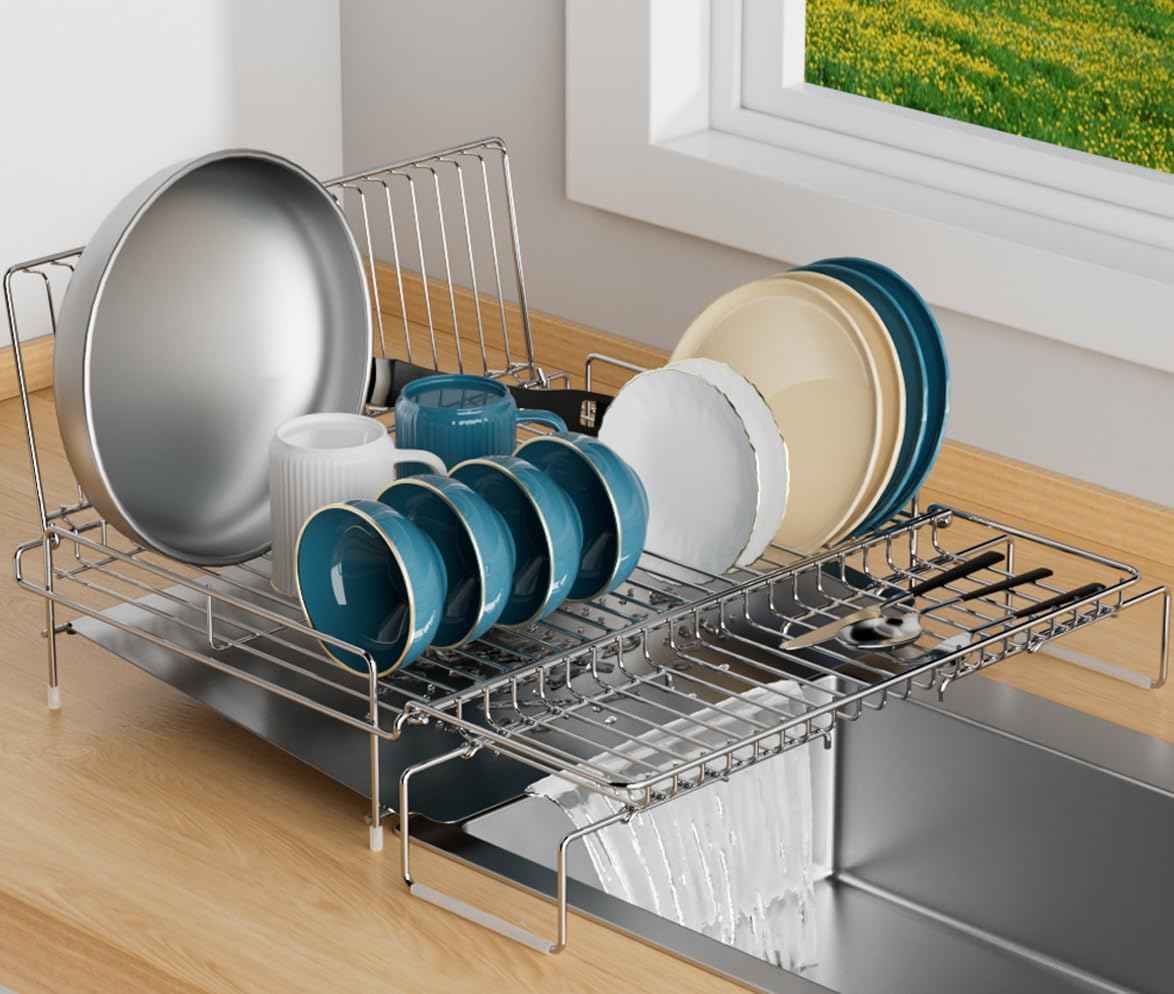 Dish Drying Rack - Stainless Steel Expandable Large Dish Drainer for Kitchen Counter, with Stainless Drain Board Rustproof Collapsible Organizer Space Saving