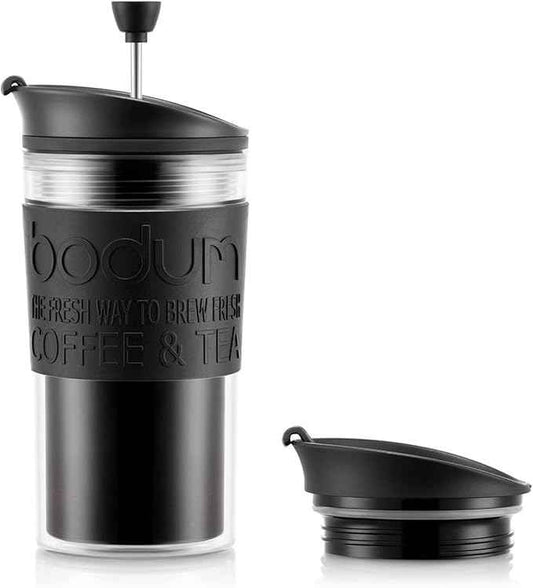 Bodum K11102-01 Travel Press Set Coffee Maker with Extra Lid, 12 oz, Black