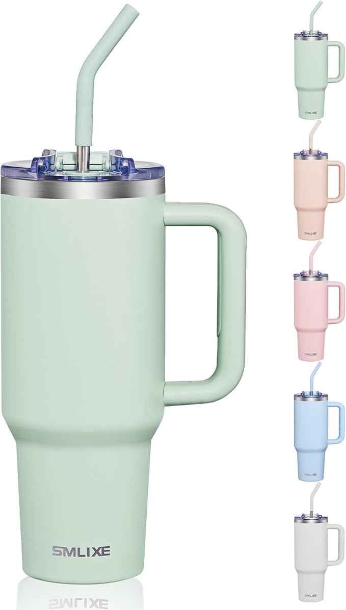 COKTIK 40 oz Tumbler With Handle and Straw, Insulated Tumbler With Leakproof Lids, Stainless Steel|BPA-Free, Cold for 24 H (Seafoam)