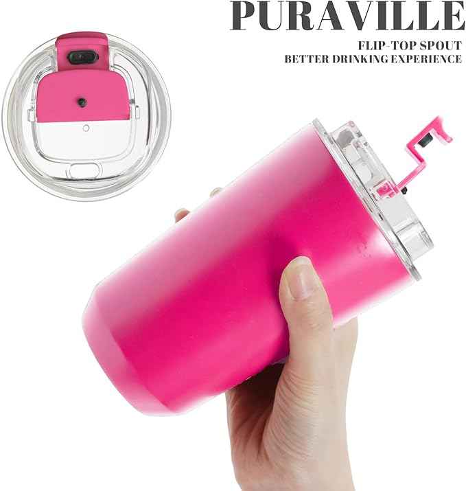 Puraville Insulated Tumblers with Lid, 14 oz Travel Coffee Mug Stainless Steel Vacuum Cup, Leak Proof Reusable Double Walled Coffee Tumbler for Iced and Hot Drinks, Fuchsia