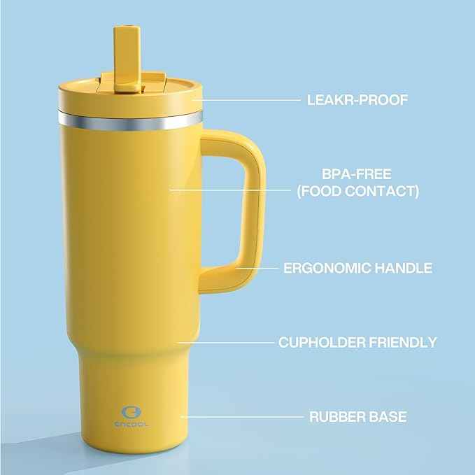 ENCOOL 40 oz Tumbler with Handle and Straw: Stainless Steel Insulated Tumbler Keeps Cold for 24 Hours, Leakproof Travel Cup Fits in Cup Holder and BPA-Free,Elfin Yellow